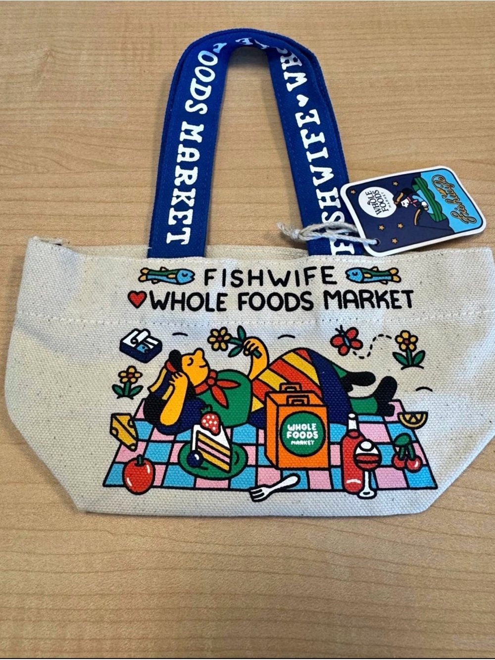 Fishwife x Whole Foods Market Picnic Tote - Cream with Blue Handles micro